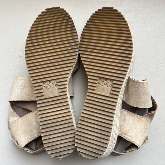 Eileen Fisher Metallic Nude Tan Leather Espadrille Wedge Crossover Sandal US 10 - Picture 15 of 16